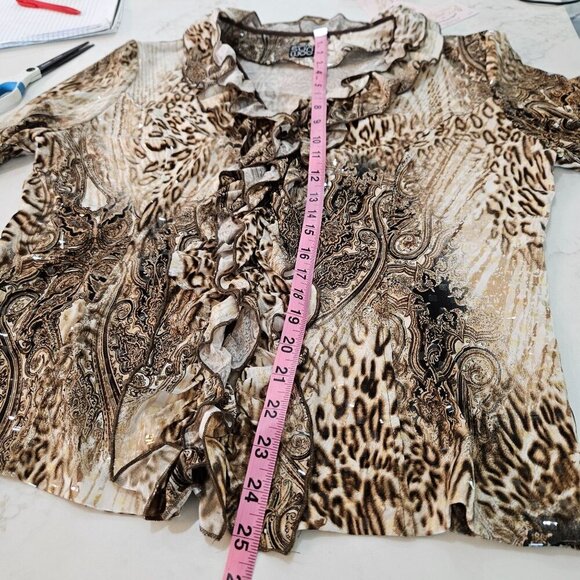 Clara Sunwoo Leopard Ruffle Blouse Long Sleeve Zip Sequin Large Mob Wife - Picture 8 of 8